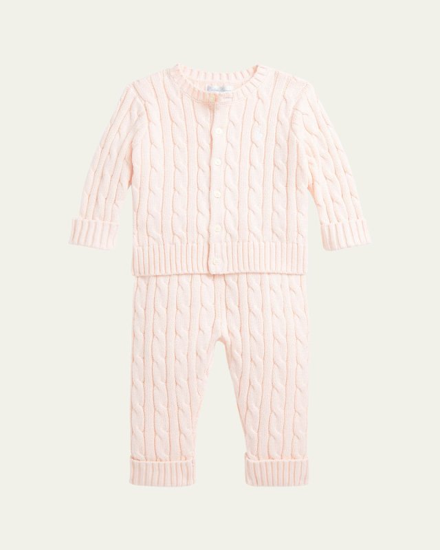 Kid's Cotton Cable Knit Sweater & Pants Set, Size Newborn-24